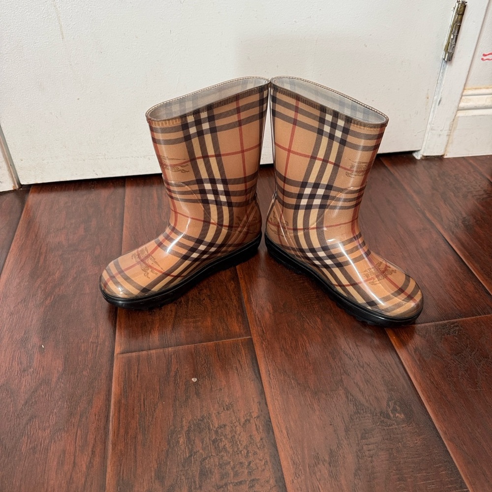 Burberry Tan and Black Plaid Winter Rain Boots